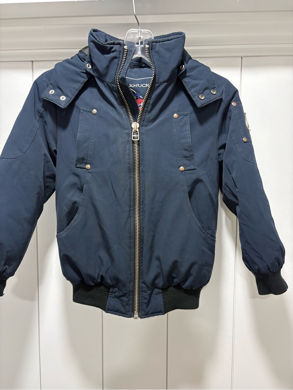 Moose Knuckles Kids Navy down filled Puffer Jacket Hood see pictures flaw
